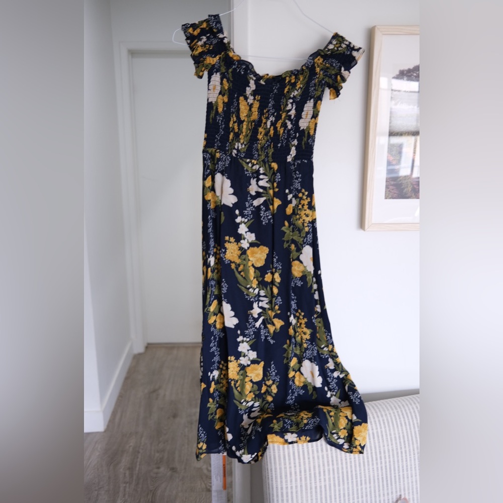 Reformation Murphy Navy Blue Yellow Floral Midi Dress - size 2